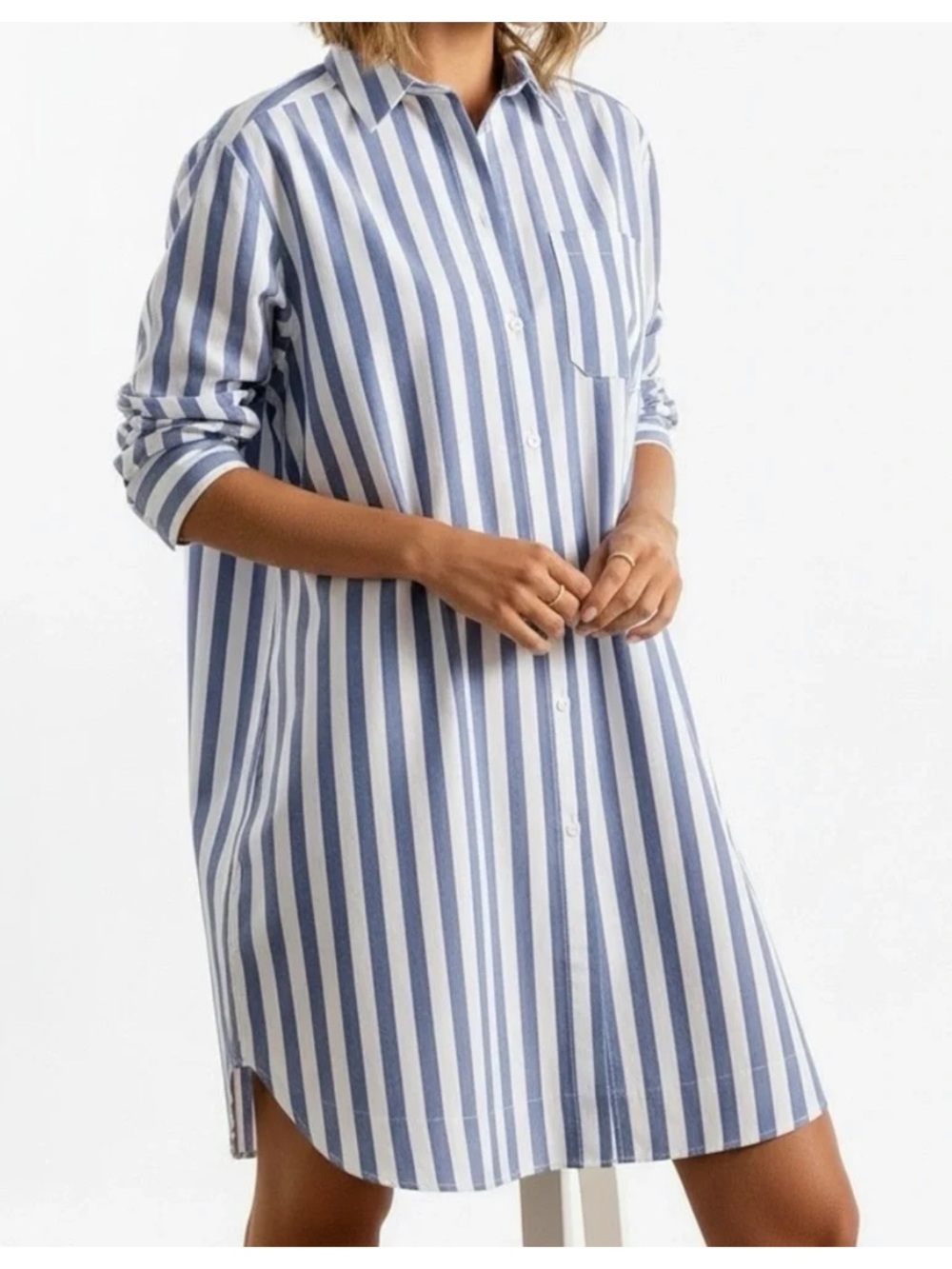 Sezane robe maxine ecru blue and white striped collared button down dress FR 34